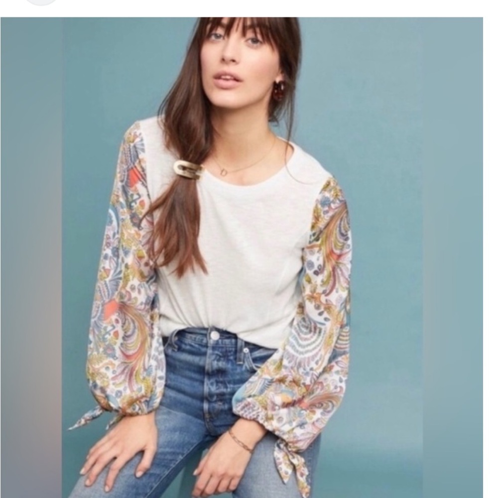 Anthropology XS Women's Paisley Sleeve Top - Cream